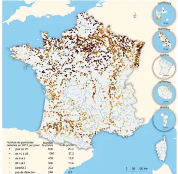 Figure 32 - Nombre de pesticides différents détectés en 2013 par point dans les cours d'eau  (Source : Agences et Offices de l’eau – Traitements : SOeS) 