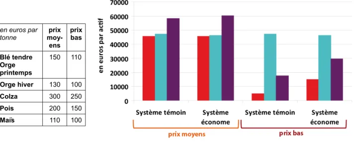 Figure 7 - Systèmes en grandes cultures de Champagne (crayeuse et humide) : comparaison de la valeur ajoutée et du revenu par actif et de leur sensibilité aux variations