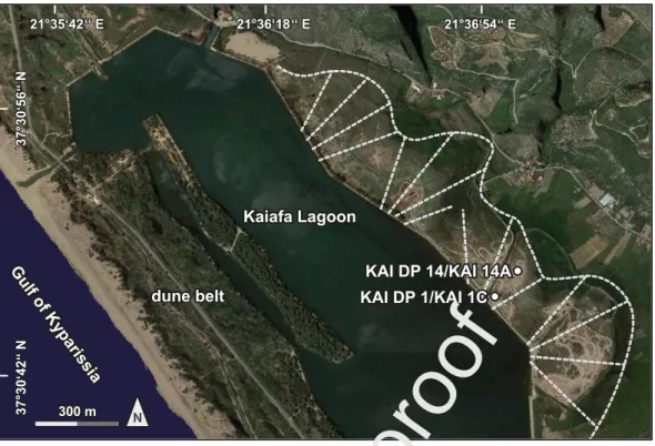 Figure  3.1.2:  Topographical  overview  of  the  Kaiafa  Lagoon  (western  Greece)  with  vibracoring  and  DP  sounding  sites;  for  further  details,  see  text