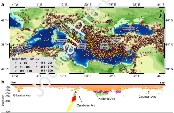 Figure 1.1: a) Instrumental seismicity in the Mediterranean region between 1900  and  2018  (source: https://earthquake.usgs.gov/earthquakes/search/)  and  depth of the earthquakes