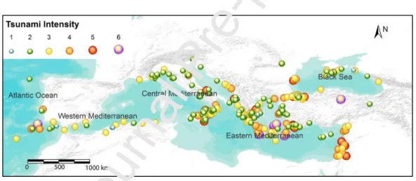 Figure 1.2: Distribution of the historical tsunami occurred in the Mediterranean  region and its connected seas, please note that the plotted coordinates of each  tsunami event refer to those of the triggering cause, i.e