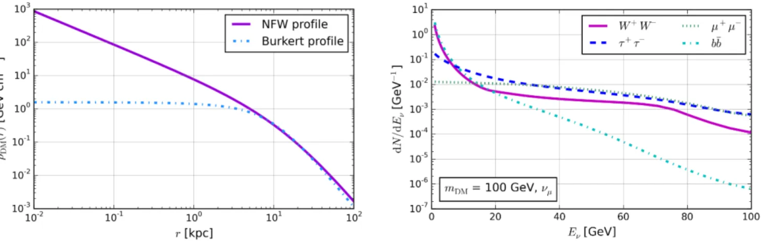 FIG. 1. Left: Dark matter density, ρ DM (r), as a function of the radial distance to the Galactic Centre, r, for the NFW and Burkert profiles