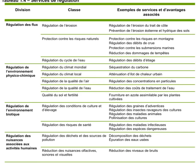 Tableau 1.4 – Services de régulation