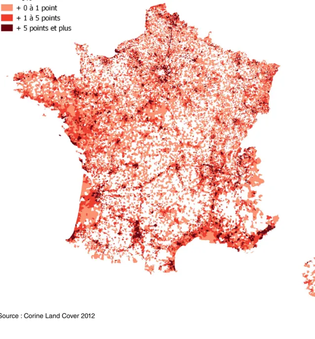 Figure 4 – Évolution des taux d’artificialisation communaux en France entre 1990 et 2012