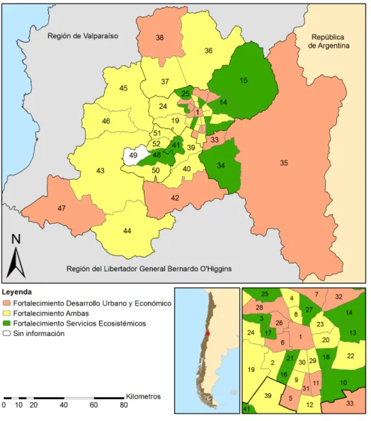 Figura 3  Región Metropolitana de Santiago. Fortalecimiento del desarrollo  de los servicios ecosistémicos y/o del desarrollo urbano y económico según  intencionalidades de los PLADECO