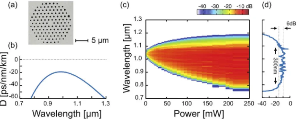 Fig. 1. (a) SEM of the end face of the ANDi fibre used here, (b) the calculated dispersion for this fibre, and (c) the experimental power-dependent output spectrum using a ∼ 140 fs pulse from an Yb-doped solid-state laser operating at 1042 nm, with pulse e