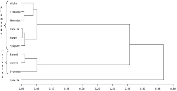 Figure 1 : Dendrogramme établi avec les distances de Mahalanobis calculées sur les caractères phénotypiques
