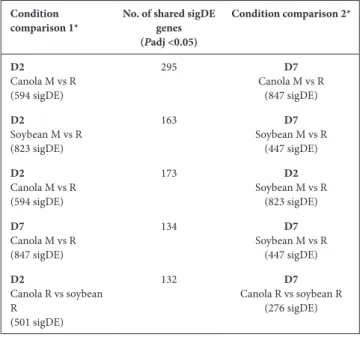 Table 2. Number of shared sigDE RAY209 genes for comparable  experimental conditions between and within plant types