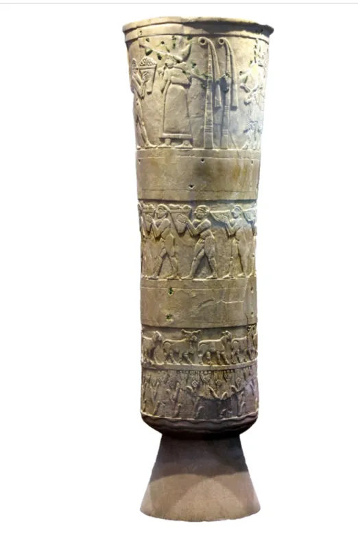 Figure 2. Uruk-Warka (Iraq), Uruk period. Lower register: row of sheep; rams with horizontal spiral horns and a mane (detail of Warka Vase, Iraq Museum); available at: https://commons.wikimedia.org/w/index.php?curid=78821078 (accessed 4 December 2020); CC 