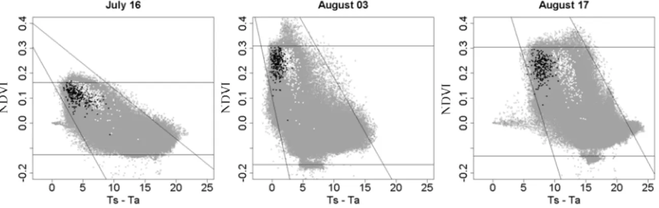 Fig. 3. Graphic representation of WDI values estimated from all pixels of TIR and NDVI  images (grey points) and from pixels of a buffer zone delimited at the center of  each apple tree