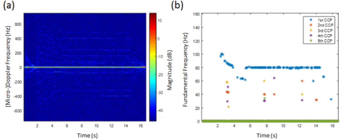Figure 6. (a) HERM lines spectrogram for one-propeller helicopter measured by C-band radar;