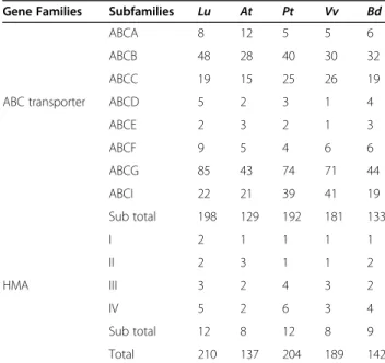 Fig. 1 Phylogenetic relationships of eight subfamilies of the ABC transporter proteins (a-h) and four subfamilies of HMA proteins (i) in five species