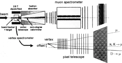 FIGURE 1. Concept of the NA60 experiment. The muon spectrometer and zero-degree calorimeter of NA50 are completed with vertex tracking capabilities for high track densities in heavy ion collisions.
