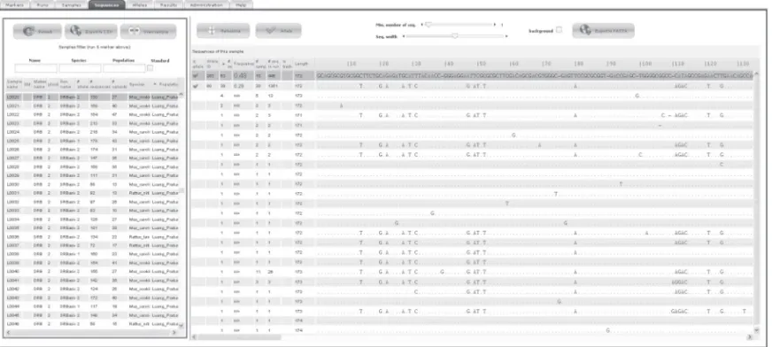 Fig. 1. Screenshot of the allele validation step. For illustration, the selected sample L0020 (left frame) is a diploid species Mus cookii from the population Luang Prabang and has 130 sequences representing 27 variants of DRB gene with two validated allel