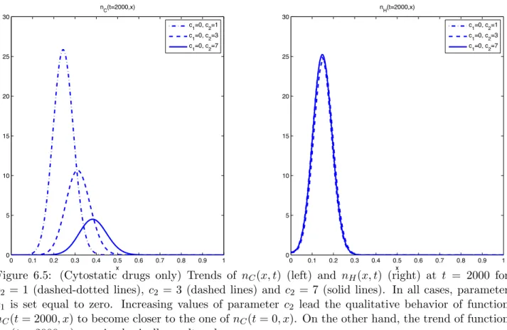 Figure 6.5: (Cytostatic drugs only) Trends of n C (x, t) (left) and n H (x, t) (right) at t = 2000 for c 2 = 1 (dashed-dotted lines), c 2 = 3 (dashed lines) and c 2 = 7 (solid lines)