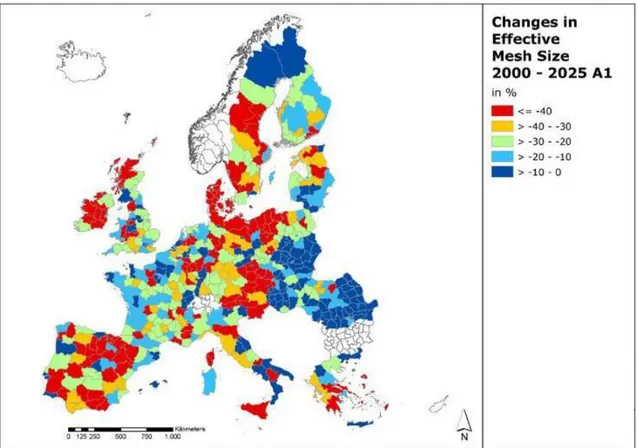 Figure 7.   Landscape fragmentation in Europe 2000-2025.  