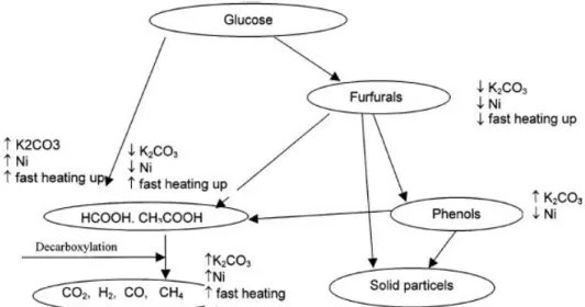 Figure 8: Glucose decomposition pathways and the effect of catalysts and heating rate [15].