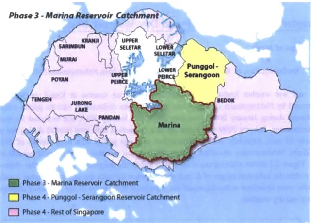 Figure 1.5: Location of Marina Catchment within Singapore (PUB, 2010)