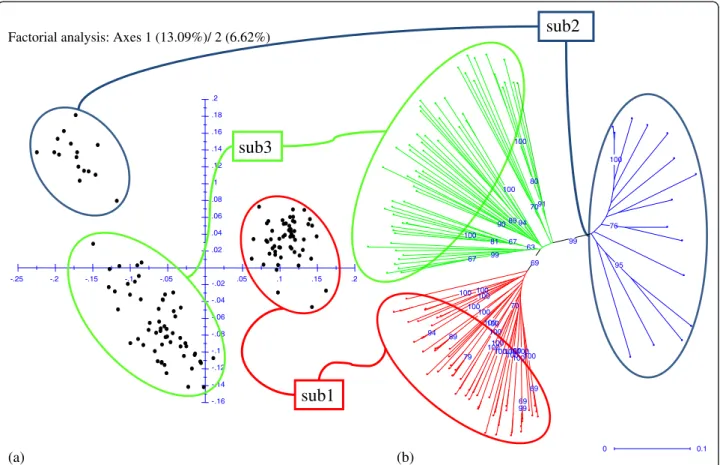 Figure 4 (a) Genetic structure of diversity group G: first two axes of the associated factorial analysis from a dissimilarity matrix and (b) corresponding NJ tree