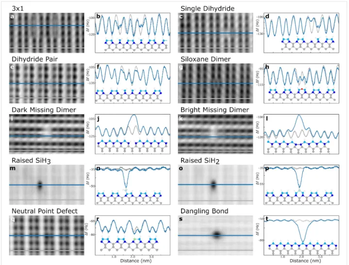Figure 3: Analysis of defects using dark-contrast AFM and profile extractions. Line cuts of the AFM scans using Si-terminated tips were performed by averaging over 6 adjacent lines, with the thickness of the line profile indicating this averaging