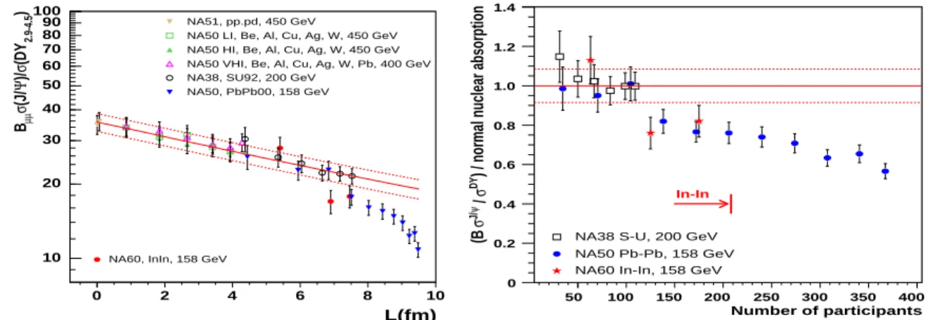 Figure 7: J/ψ suppression before (left, versus L) and after (right, versus N part ) dividing by the normal nuclear absorption curve.