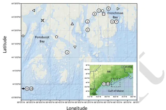 Figure 1. Map of sampling locations during the 2016 Dinophysis norvegica bloom on the central coast of the Gulf of Maine, 