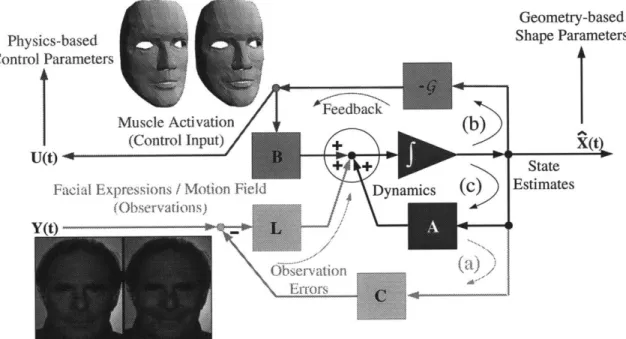 Figure 5-11:  Block diagram of the control-theoretic approach. Showing the estimation and correction loop (a), the dynamics loop (b),  and the feedback loop (c).