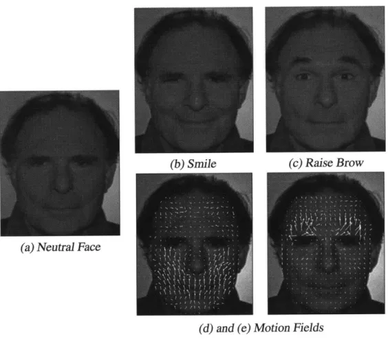 Figure 6-1:  Expressions from video sequences for Paul Ekman.  (a) neutral expression, (b) eighth frame from a smile sequence and (c) the eighth frame from a raising brow sequence, (d) and (e) motion fields for the smile and raising brow expressions