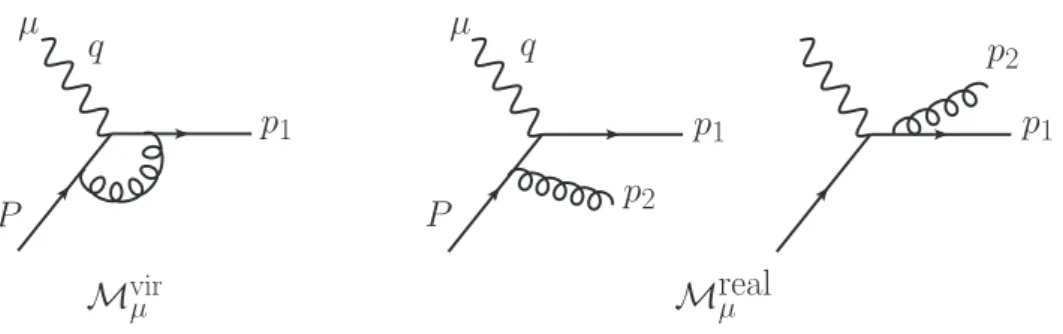 Figure 7. Virtual and real diagrams for γ ∗ + quark processes at O (α s ). They contribute to the virtual amplitudes in eqs