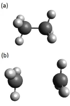 FIG. 2. Structures of ethane optimized by CDFT-CI: (a) ground state, (b) excited state.