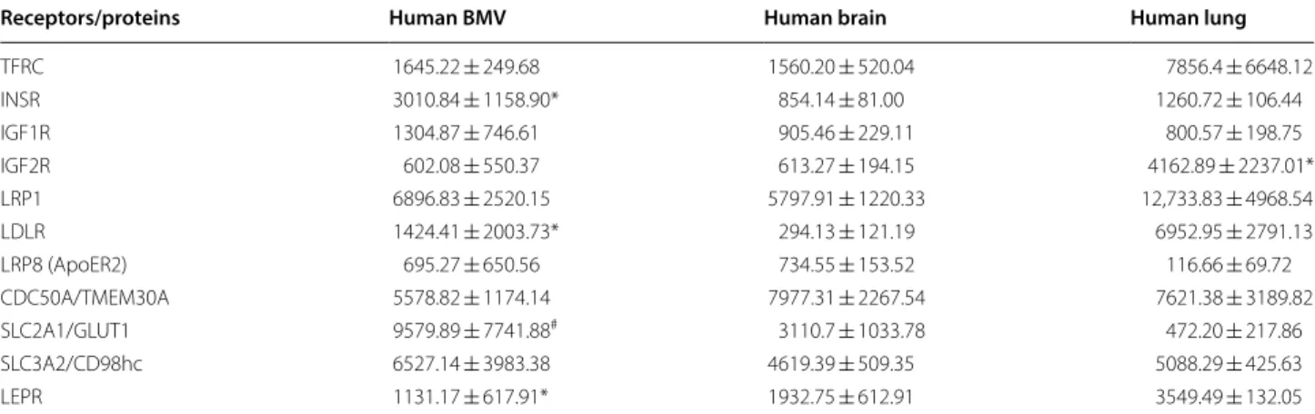 Table 1  Expression levels of genes encoding RMT receptors in isolated human brain microvessels (BMV), brain and lung  (RNAseq normalized read counts; average ± SD)