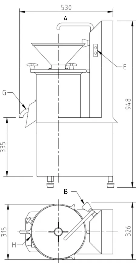 Figure 1. Diagram of the horchata machine (Moulin-Presse, H-MP 3) (A: front view; B: top view)
