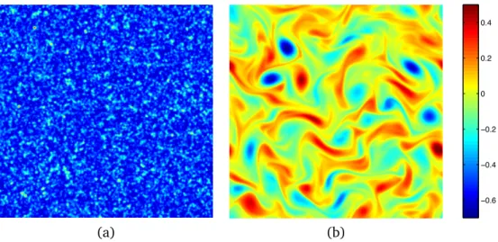 Figure 2: (a): Particle image (50th of the sequence) and (b): the associated true vorticity map corresponding to a 2D sustained turbulence
