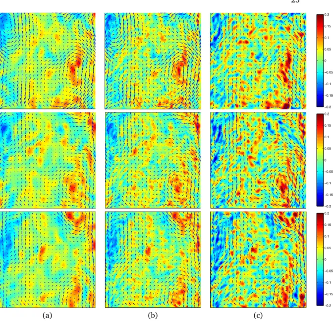 Figure 6: Vorticity maps with their corresponding velocity fields (a) SLK (b) 1L- WEnKF and (c) 3L-WEnKF for images 76,86 and 96 (first, second and third row respectively).