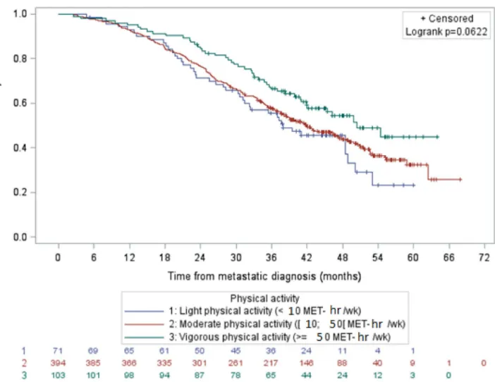 Figure 3.  Survival of patients with luminal metastatic breast cancer by physical activity level, data not adjusted  (N = 568)
