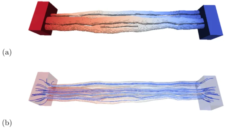 Figure 3a and 3b show the pressure gradient and displays several stream lines in the sample.