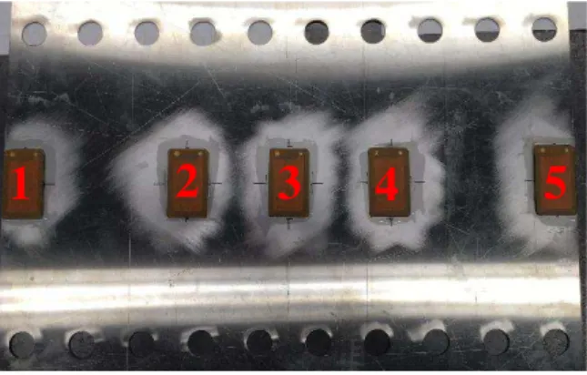 Figure 13. Installation of piezoelectric actuator patches on the flat plate and actuator reference number.