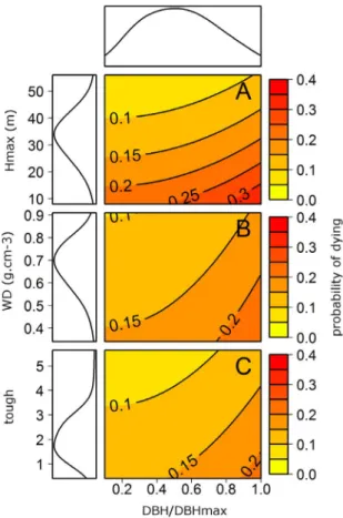 Figure 6. The probability of dying depends on the individual ontogenetic stage and on tree functional traits: the maximum height, Hmax; the wood density, WD; and the laminar toughness, tough