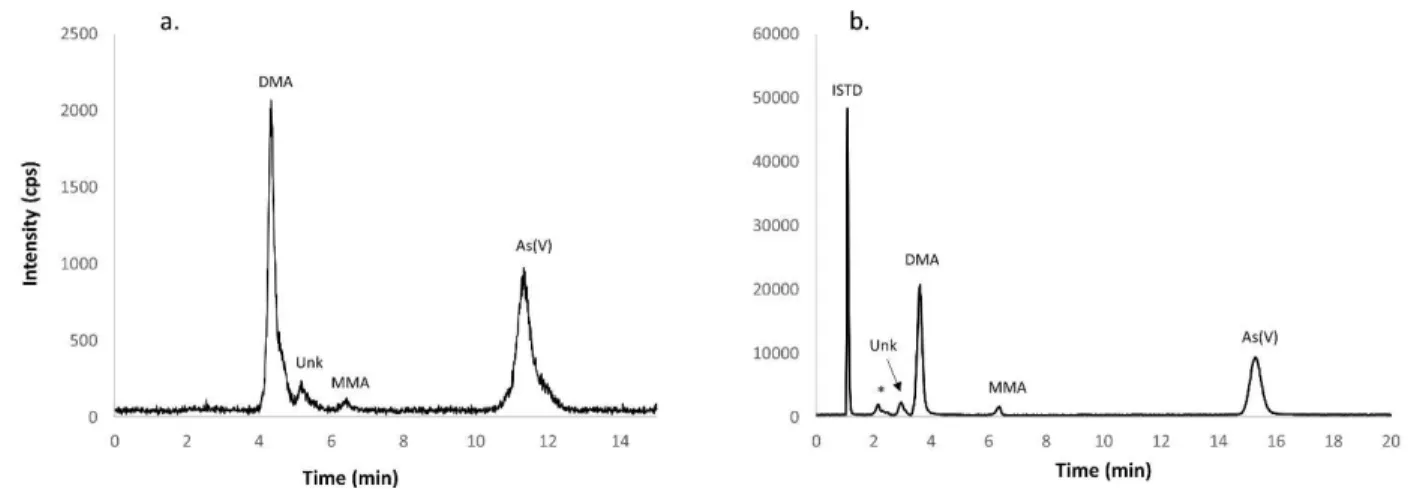 Figure 3. HPLC-ICP-MS chromatograms of As species present in BARI-1, with an unknown compound eluting close to 18 
