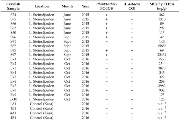 Table 1. PCR analyses on Planktothrix-cpcB-cpcA (PC-IGS) gene and the noble crayfish-specific cytochrome oxidase subunit I (COI) gene and MCs in stomach contents from A