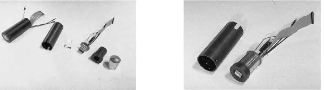 Figure 1. The PMT-Block. a) on the left the individual pieces are shown and b) on the right the PMT-Block is fully assembled.