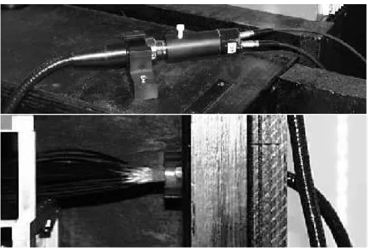 Figure 5. The picture on the top shows a detail of the light source system. Two LEDs, one operated in DC and the other in pulsed mode are assembled inside a black cylinder and coupled to a liquid fiber to take the light into the black box.
