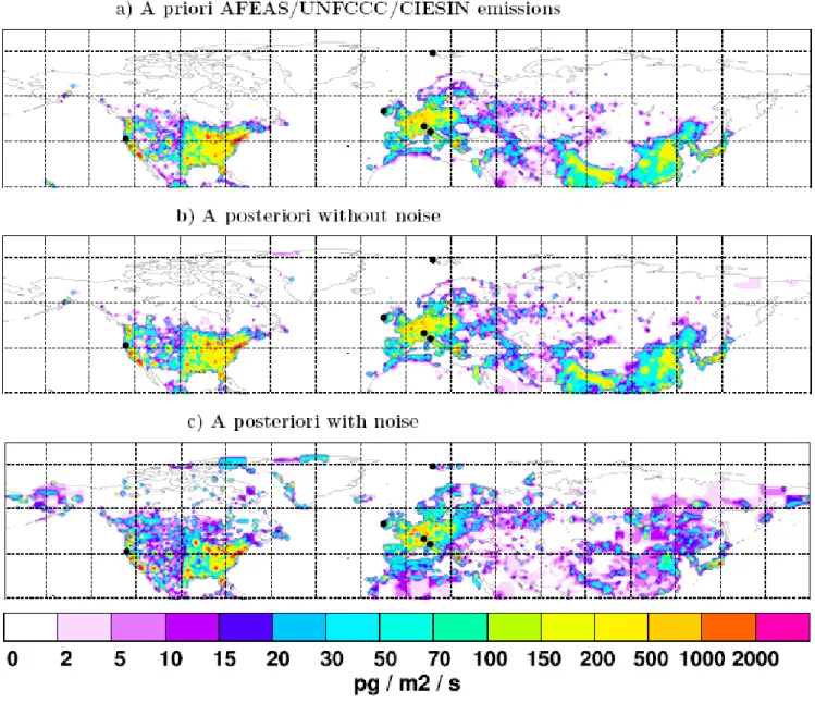 Fig. 3. Distribution of HFC-134a emissions taken from the a priori inventory based on AFEAS, UNFCCC and CIESIN data (a), reconstructed by inversion using the a priori model results as pseudo measurements (b), and reconstructed by inversion using the a prio