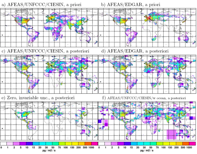 Fig. 5. Distribution of HFC-134a emissions for different a priori assumptions: a priori based on AFEAS/UNFCCC/CIESIN distribution (a), a priori based on EDGAR distribution (b), a posteriori using AFEAS/UNFCCC/CIESIN distribution as a priori (c), a posterio