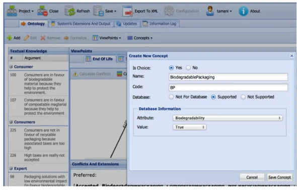 Figure 5: Adding a concept based on a defined attribute in the packaging database.