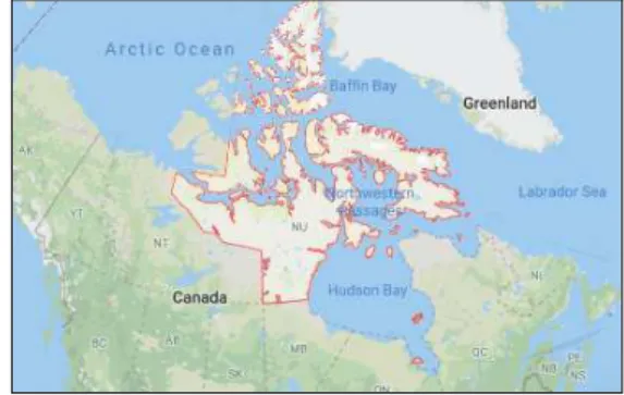 Figure 1: The Nunavut territory and its location within Canada. Map data ©2019 Google, INEGI