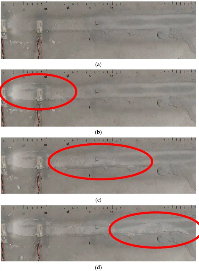 Figure 12. Pictures captured after 13.265 (a), 13.333 (b), 23.999 (c) and 25.799 s (d) with the camera during a frequency sweep from 1000 to 1500 Hz in 60 s with the five actuators activated in phase at 600 Vpp.