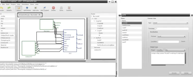 Figure 5. These pictures show the GVLE modeling tool. In the left picture, GVLE is used to build hierarchy of models and connections, to attach behaviours, experimental conditions and observations to atomic models