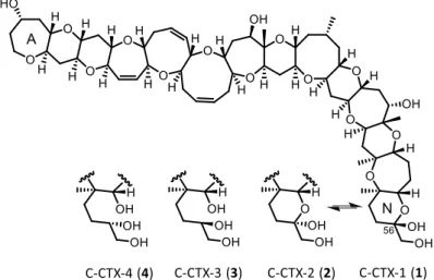 Figure 1. Chemical structures of the C-CTX-1 and -2 (1 and 2) and their reduced analogues, C-CTX-3 and C-CTX-4 (3 and 4)