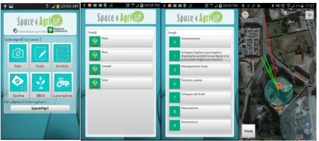 Figure 3. S4A smart app screenshots showing the main menu for VGI creation, the first and second  level entries of the compact BBCH agronomic ontology and the representation of the GPS imprecision  and camera orientation (depicted by the green line angle)